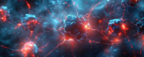 A mesmerizing close-up view of glowing cells connected by vibrant filaments in a dynamic and colorful abstract representation.