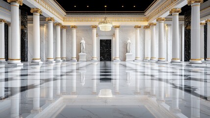 Fototapeta premium Luxurious marble hall with elegant columns, stunning chandelier, and classical statues, perfect for architectural and design visuals.