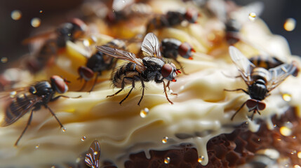 Close-Up of Flies Swarming Over Sweet Dessert.