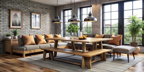 Industrial-chic meets comfort in a modern dining room featuring wooden benches with sleek, upholstered cushions against