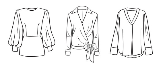 Fototapeta premium A collection of women's fashion clothes. Vector hand-drawn illustrations of beautiful blouses. Fashion sketches of women's fashion tops isolated on a white background.