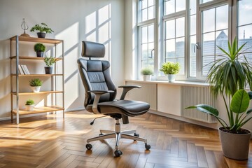 In harmony with the room's calm aesthetic, ergonomic chair's subtle lines and muted color blend with natural light,