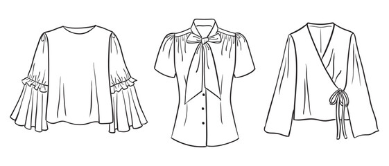 A collection of women's fashion clothes. Vector hand-drawn illustrations of beautiful blouses. Fashion sketches of women's fashion tops isolated on a white background.