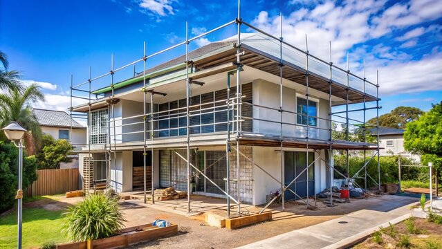 In Ipswich, Queensland, a contemporary home's facade is transformed, scaffolding and tools standing out amidst a