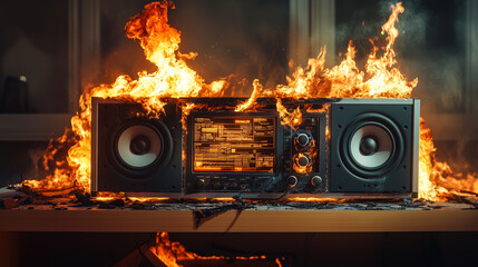 Vintage Stereo System Engulfed in Flames – Photorealistic Fire and Smoke Scene