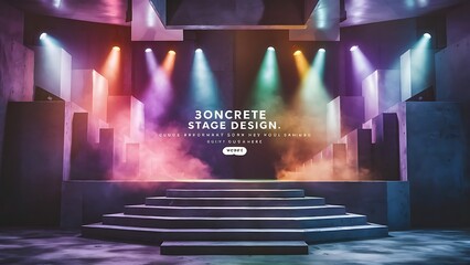 Glowing colored spotlight in concrete interior and fog. Stage concept and copy space. 3D Rendering