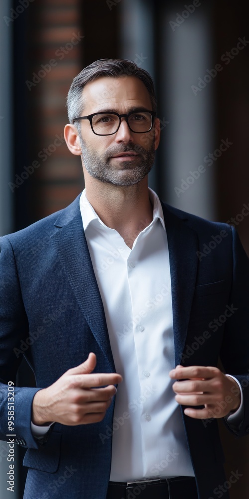 Sticker A man in a suit and glasses stands in front of a brick wall. He is wearing a blue jacket and a white shirt