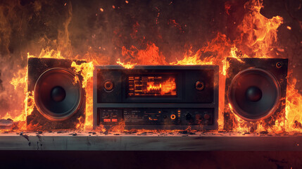 Vintage Stereo System Engulfed in Flames – Photorealistic Fire and Smoke Scene