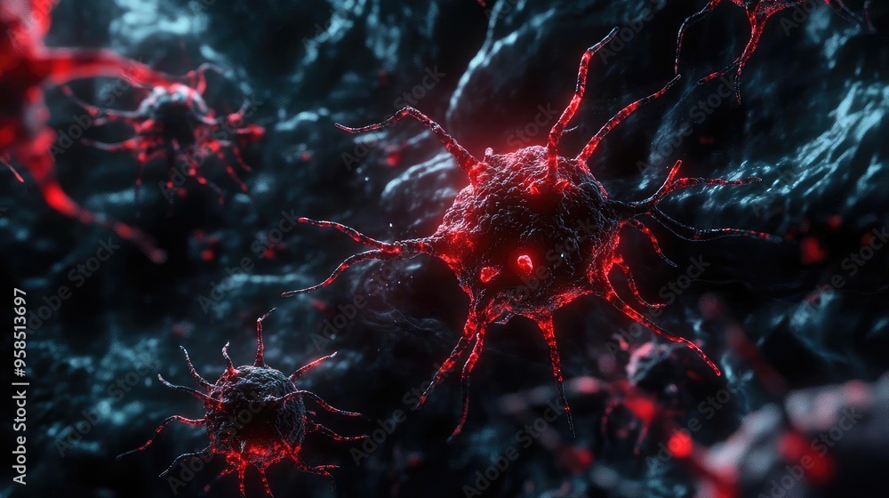 Poster close-up view of red microorganisms in a dark environment, showcasing intricate details and vivid co