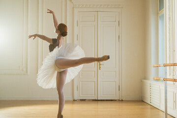 Young ballerina in tutu skirt dancing practicing ballet positions in dance class. Young classical dancer woman in dance studio. Ballet class training. Ballet school concept