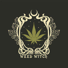weed withch, women's T-shirt print with cannabis leaf and crystals