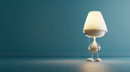 A whimsical, anthropomorphic lamp stands against a blue wall, illuminating the space with its cozy glow. The lamp features legs, bringing a playful touch.