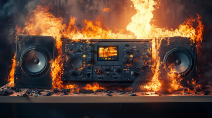 Vintage Stereo System Engulfed in Flames – Photorealistic Fire and Smoke Scene