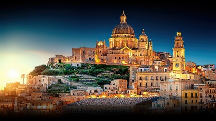 Fototapeta premium Stunning view of a historic town illuminated by sunset, showcasing architectural beauty and charm.