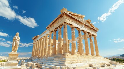 Fototapeta premium Stunning view of the Parthenon, an iconic symbol of ancient Greece, showcasing classical architecture against a blue sky.