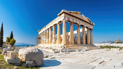 Fototapeta premium The Parthenon of Athens stands majestically under a clear blue sky, showcasing ancient Greek architecture and historical grandeur.