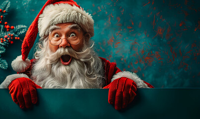 Naklejka premium A cheerful Santa Claus with a white beard and glasses excitedly peeks over a blank sign, celebrating the holiday spirit