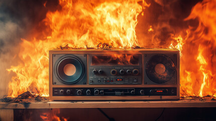 Vintage Stereo System Engulfed in Flames – Photorealistic Fire and Smoke Scene