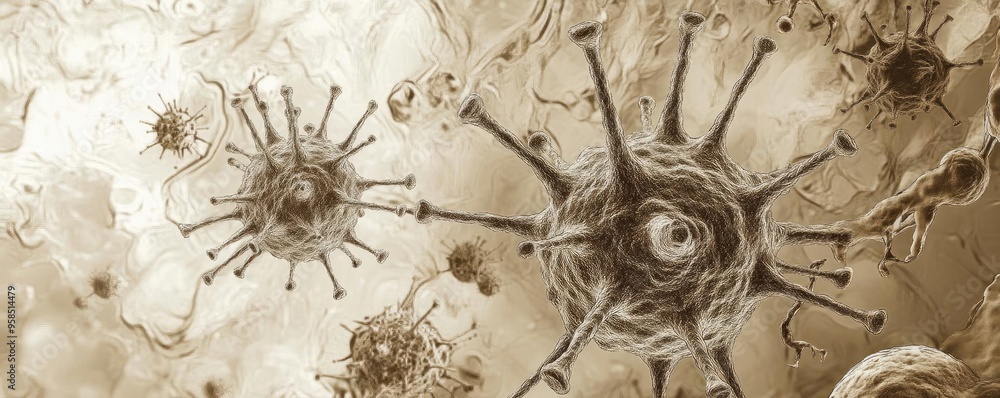 Poster microscopic view of bacteria showcasing intricate structures and textures, highlighting the complexi