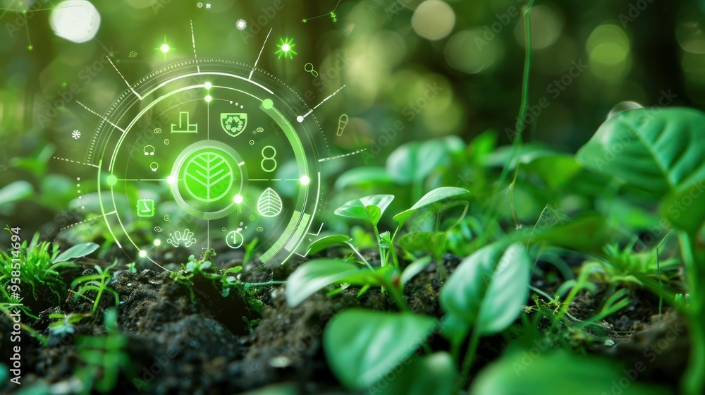 Poster digital interface displaying environmental consulting solutions and green initiatives.