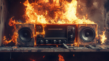 Vintage Stereo System Engulfed in Flames – Photorealistic Fire and Smoke Scene