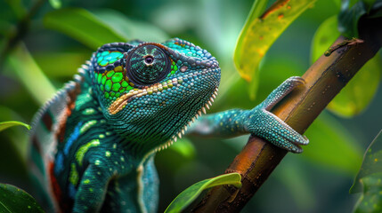 Close-up of Colorful Chameleon in Jungle.