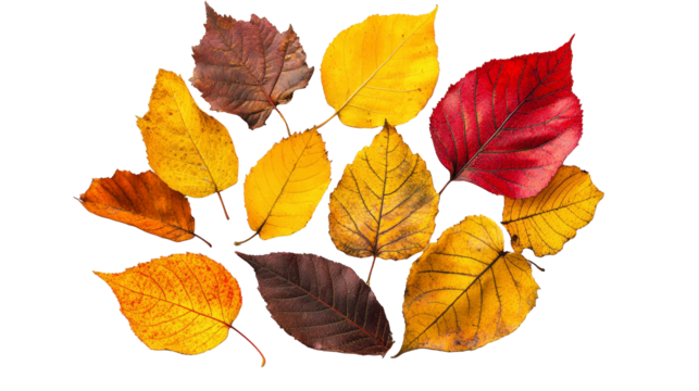 Autumn leaves in vibrant shades of yellow, red, and brown scattered on a white background, showcasing the beauty of fall foliage.