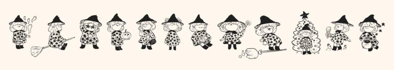 Set of cute little witches in different poses and moods. Trendy vector illustration.