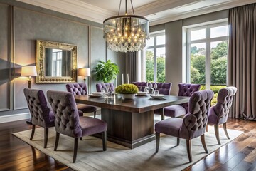 Fototapeta premium In this elegant dining room, a sleek square table is surrounded by rich tufted velvet chairs and a