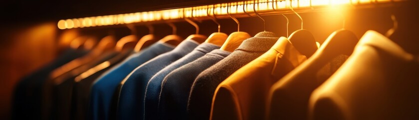 A collection of neatly hung shirts in various colors, illuminated by warm lighting, showcasing fabric texture and style diversity.