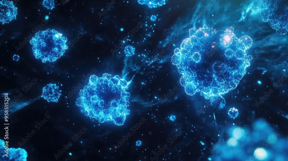 Poster an abstract representation of microorganisms in vibrant blue tones, showcasing cellular structures i