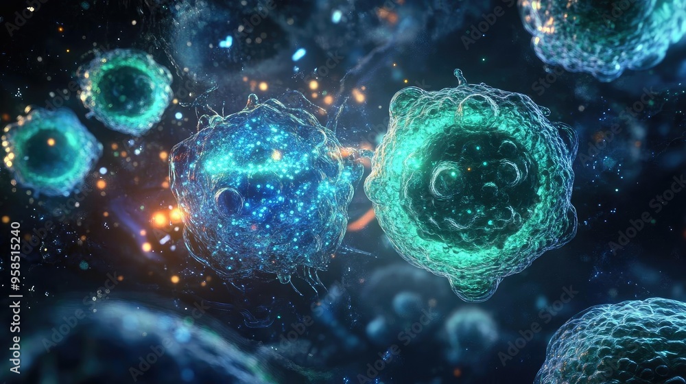 Poster close-up view of colorful, vibrant cells in a dynamic microscopic environment, showcasing biological