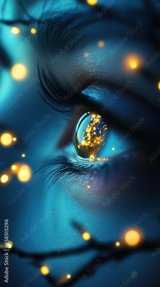 Poster a close-up of an eye reflecting magical lights, creating a dreamy and enchanting atmosphere with viv