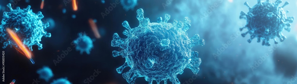 Poster close-up of a virus structure showcasing intricate details and vibrant colors, illustrating the comp