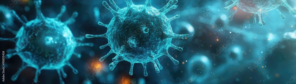 Poster close-up view of virus cells under a microscope, showcasing their intricate structures in vibrant bl