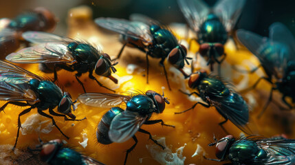 Close-Up of Flies Swarming Over Sweet Dessert.