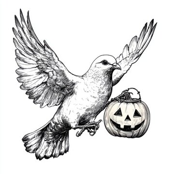 recommend clip art: Black and white Vintage engraved art of a dove holding a small Jack o' lantern in its claws, isolated on white background, ink sketch illustration, simple vector art design, highly detailed line art