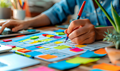Fototapeta premium A person is actively planning and organizing tasks using colorful sticky notes and a planner on a wooden desk
