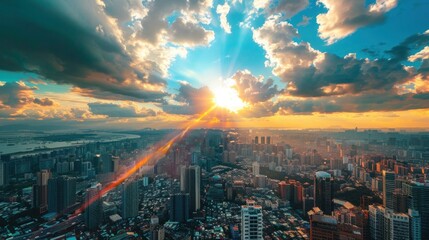 Fototapeta premium Lots of buildings, beautiful sky, sun, rainbow, sea.