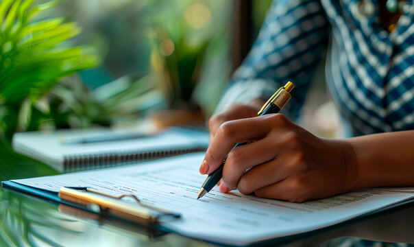 Writing notes at a table, surrounded by greenery, with a notebook and pen in bright sunlight streaming through the window