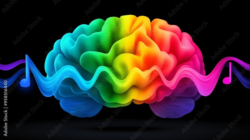 Poster a colorful brain with music notes in the background. the brain is surrounded by a wave of music note