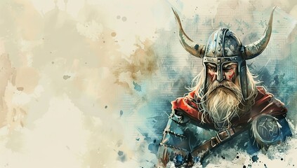 Fototapeta premium Watercolor painting of a Viking warrior holding an axe in battle