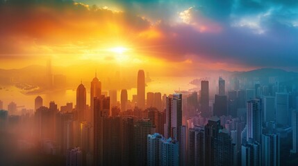 Fototapeta premium Lots of buildings, beautiful sky, sun, rainbow, sea.