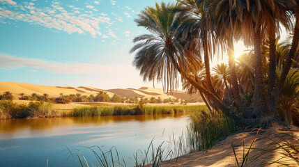 Desert Oasis with Palm Trees and Reflective Water.