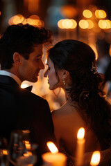 Romantic Candlelit Dinner with Elegant Couple in Love at Night