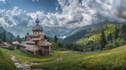 Fototapeta premium Panoramic view of an old wooden church in the mountains.