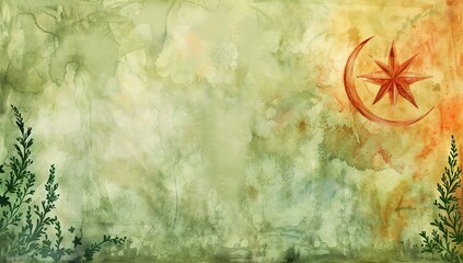 Green watercolor with yellow sun symbol and soft gradients
