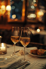 Elegant Fine Dining Table Setting with Wine Glasses and Candlelight in a Cozy Restaurant