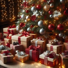 Beautifully Wrapped Holiday Gifts Under a Christmas Tree