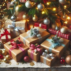 Beautifully Wrapped Holiday Gifts Under a Christmas Tree